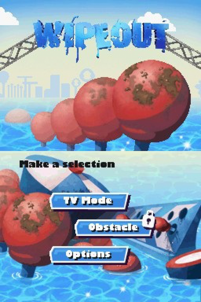 Wipeout The Game for Nintendo DS, title screen for a party action video game with obstacle course challenges, mini-games, multiplayer gameplay, and TV show-inspired competition