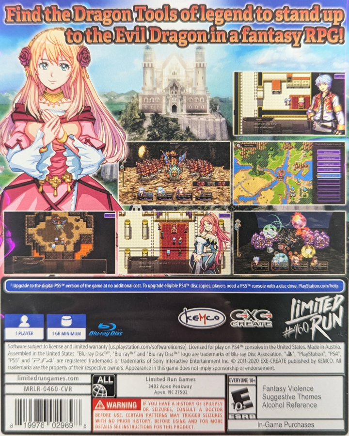 Liege Dragon PlayStation 4 fantasy RPG turn-based combat Kemco retro-style pixel art adventure party-based exploration branching story quests classic 16-bit inspired visuals dungeon crawling character classes magic system back cover