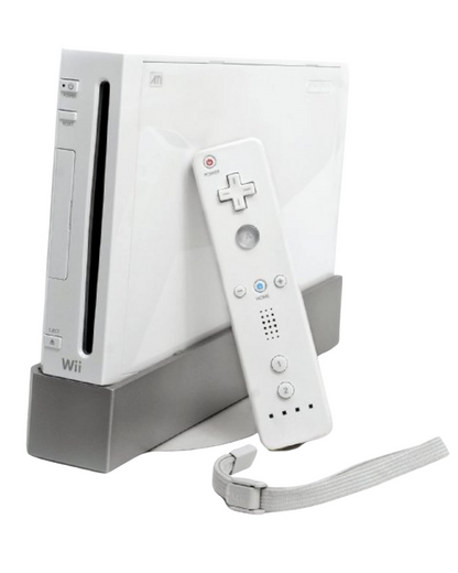 Front view of a white Nintendo Wii console standing vertically beside a third-party Wii Remote, showing the console’s disc slot and front buttons with the non-original controller alongside.