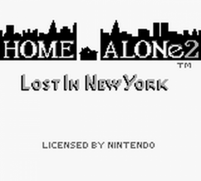 Home Alone 2 Lost in New York for Game Boy, title screen for an action platformer video game with side-scrolling gameplay, trap-setting mechanics, enemy avoidance, and movie-inspired challenges