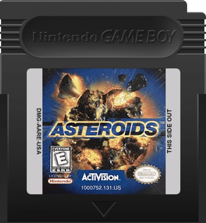 Asteroids Game Boy Color arcade port space shooter video game vector graphics style navigating asteroid field blasting rocks UFOs cartridge art