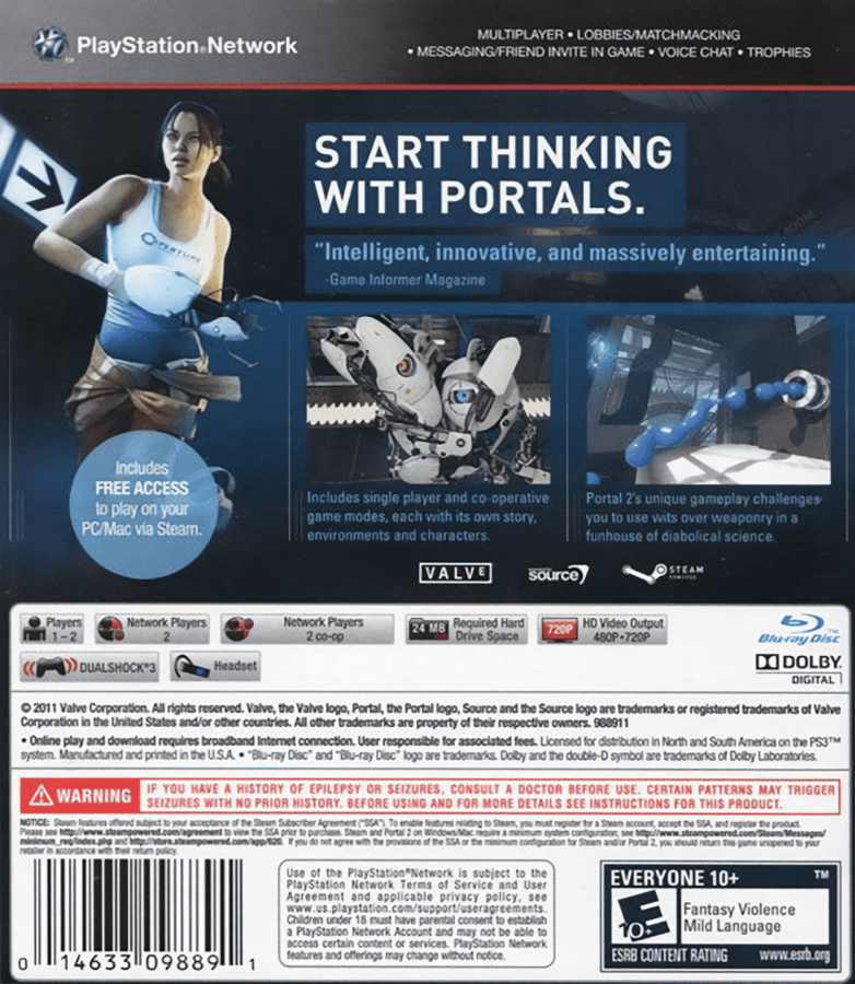 Portal 2 back cover art for PlayStation 3 (PS3) video game