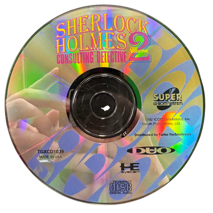 Sherlock Holmes Consulting Detective Volume II TurboGrafx-16 CD TGCD video game Complete In Box CIB featuring mystery adventure gameplay Sherlock Holmes detective investigations clue gathering evidence analysis case solving interactive storytelling and classic 16 bit TurboGrafx-16 CD gameplay retro video game collection collectible gaming appeal disc