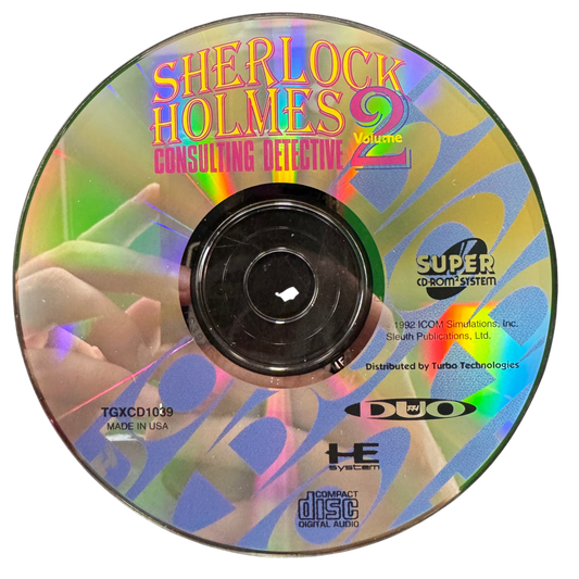 Sherlock Holmes Consulting Detective Volume II TurboGrafx-16 CD TGCD video game Complete In Box CIB featuring mystery adventure gameplay Sherlock Holmes detective investigations clue gathering evidence analysis case solving interactive storytelling and classic 16 bit TurboGrafx-16 CD gameplay retro video game collection collectible gaming appeal disc