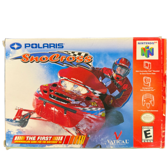 Polaris SnoCross Nintendo 64 N64 for snowmobile racing video game fans featuring high speed snocross racing icy tracks snow covered environments Polaris snowmobiles stunt jumps challenging courses vehicle control and arcade style racing gameplay collectible retro Nintendo 64 gaming appeal cover art