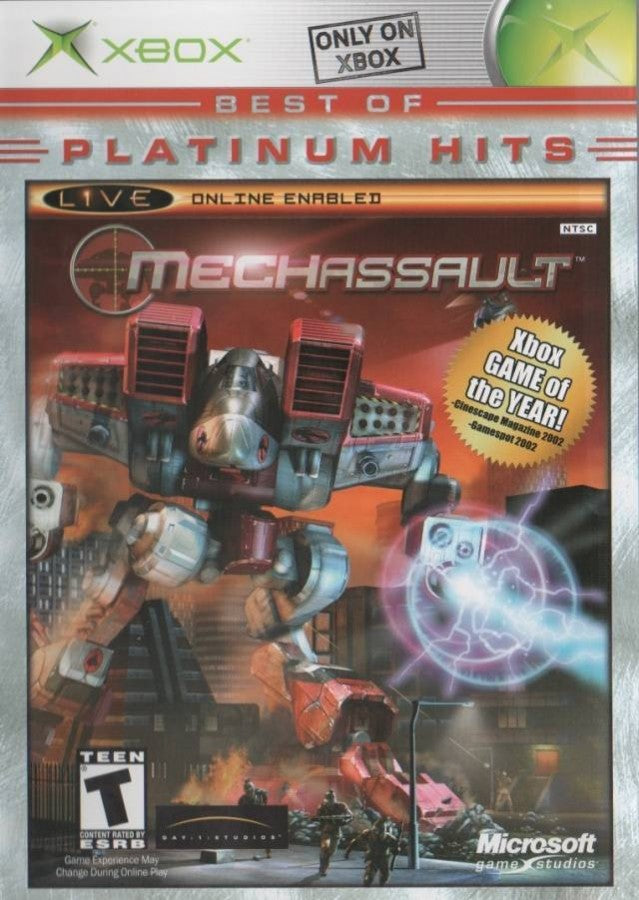 MechAssault Platinum Hits Xbox for retro video game enthusiasts featuring futuristic mech combat gameplay explosive battlefield action customizable battle machines multiplayer warfare missions sci fi military environments destructive weapon systems and collectible gaming appeal front cover