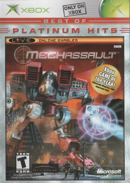 MechAssault Platinum Hits Xbox for retro video game enthusiasts featuring futuristic mech combat gameplay explosive battlefield action customizable battle machines multiplayer warfare missions sci fi military environments destructive weapon systems and collectible gaming appeal front cover