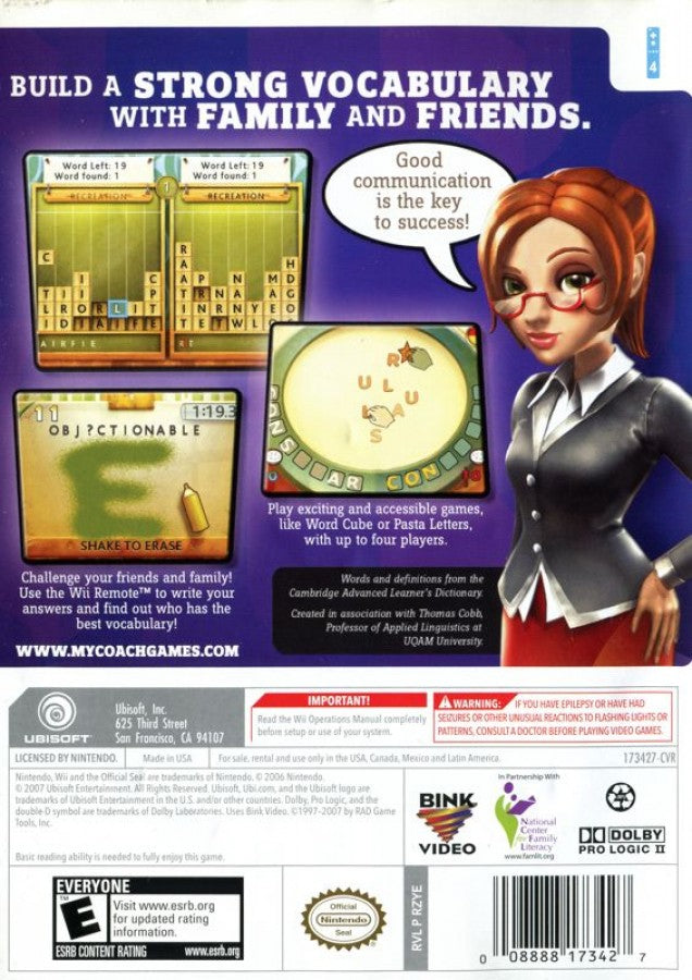 My Word Coach – Nintendo Wii (Wii) educational word puzzle training video game back of case