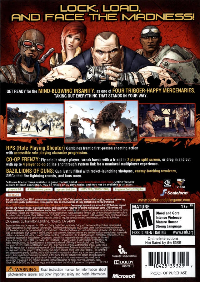 Borderlands [Platinum Hits] back cover art for Xbox 360 (X360) first-person shooter role-playing video game
