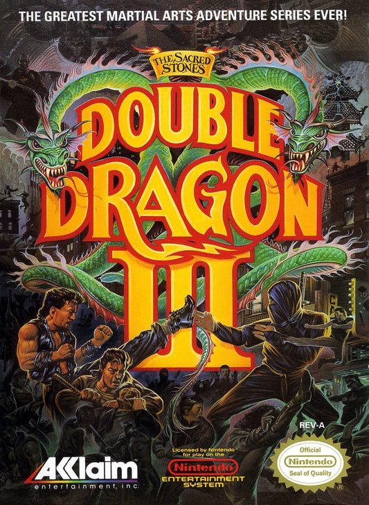 Double Dragon III The Sacred Stones NES Nintendo Entertainment System beat em up side scrolling brawler martial arts combat co op multiplayer arcade style Technos Japan retro 8 bit gaming cartridge video game title cover art 
