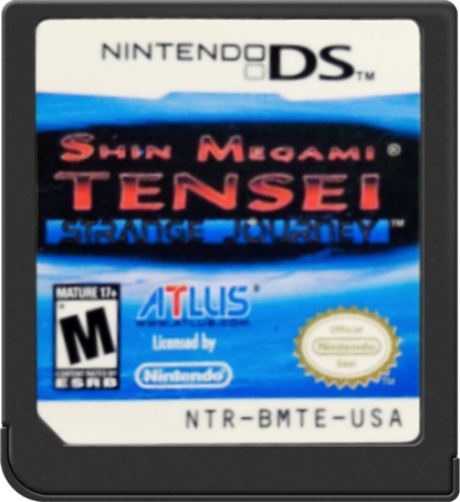 Shin Megami Tensei Strange Journey Nintendo DS game featuring first person dungeon crawling RPG gameplay with demon negotiation alignment based story paths and strategic turn based combat in a sci fi setting catridge