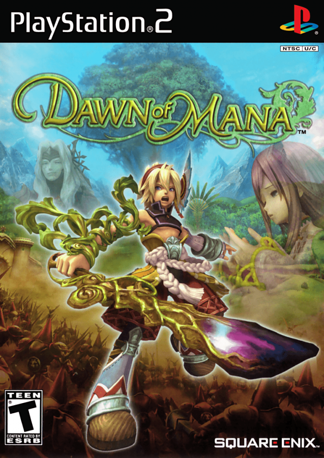 Dawn of Mana PlayStation 2 PS2 action role playing video game featuring fantasy adventure real-time combat exploration magical abilities powerful enemies environmental interaction character development story-driven gameplay and classic PlayStation 2 PS2 gameplay collectible retro gaming appeal cover art