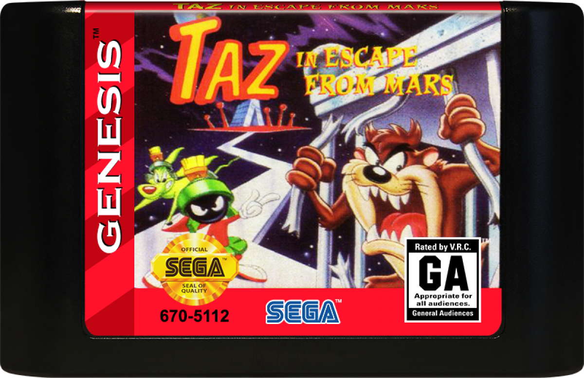 Taz in Escape from Mars Sega Genesis video game, action platformer, Looney Tunes cartoon-based adventure, retro console title cartridge