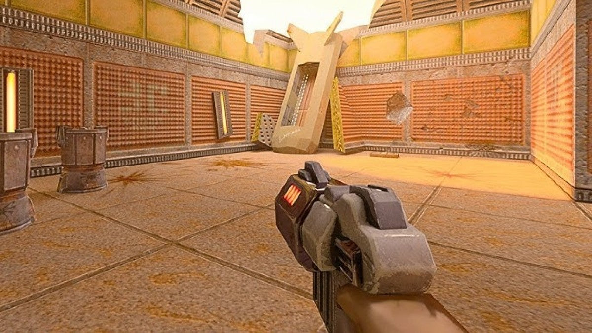 Quake II Nintendo Switch inspired design featuring sci fi first person shooter aesthetic futuristic military combat hostile alien Strogg forces fast paced action intense weapons based gameplay classic arena shooter revival modern enhanced presentation gameplay 
