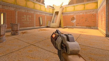 Quake II Nintendo Switch inspired design featuring sci fi first person shooter aesthetic futuristic military combat hostile alien Strogg forces fast paced action intense weapons based gameplay classic arena shooter revival modern enhanced presentation gameplay 
