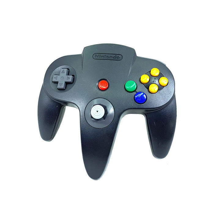 Top view of the black Nintendo 64 controller, showing joystick, D-pad, action buttons, and ergonomic design for comfortable gameplay