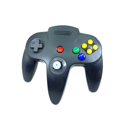 Top view of the black Nintendo 64 controller, showing joystick, D-pad, action buttons, and ergonomic design for comfortable gameplay