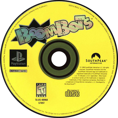BoomBots PlayStation PS1 for action fighting video game fans featuring colorful robot battles fast paced arena combat explosive weapons multiplayer gameplay quirky characters cartoon style graphics arcade action challenging game modes collectible gaming appeal disc