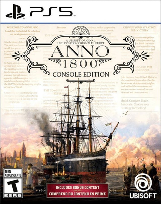 Anno 1800 Console Edition cover art for PlayStation 5 (PS5) strategy and city-building video game showing industrial era ships and city skyline