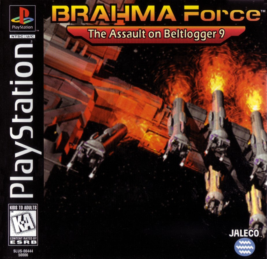 BRAHMA Force: The Assault on Beltlogger 9 PlayStation 1 PS1 for third person shooter retro video game fans featuring mech combat futuristic sci fi battles powerful weapons explosive action mission based gameplay armored vehicles collectible gaming appeal front cover art