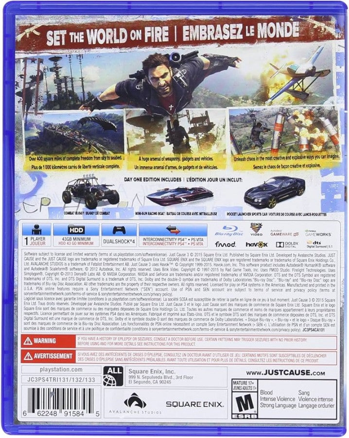 Just Cause 3 Day One Edition PlayStation 4 PS4 for open world action adventure video game fans featuring Rico Rodriguez explosive combat massive Mediterranean island exploration grappling hook wingsuit parachute vehicle hijacking destructible environments stunts and chaotic missions Day One Edition content collectible gaming appeal back cover art