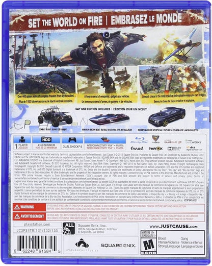 Just Cause 3 Day One Edition PlayStation 4 PS4 for open world action adventure video game fans featuring Rico Rodriguez explosive combat massive Mediterranean island exploration grappling hook wingsuit parachute vehicle hijacking destructible environments stunts and chaotic missions Day One Edition content collectible gaming appeal back cover art