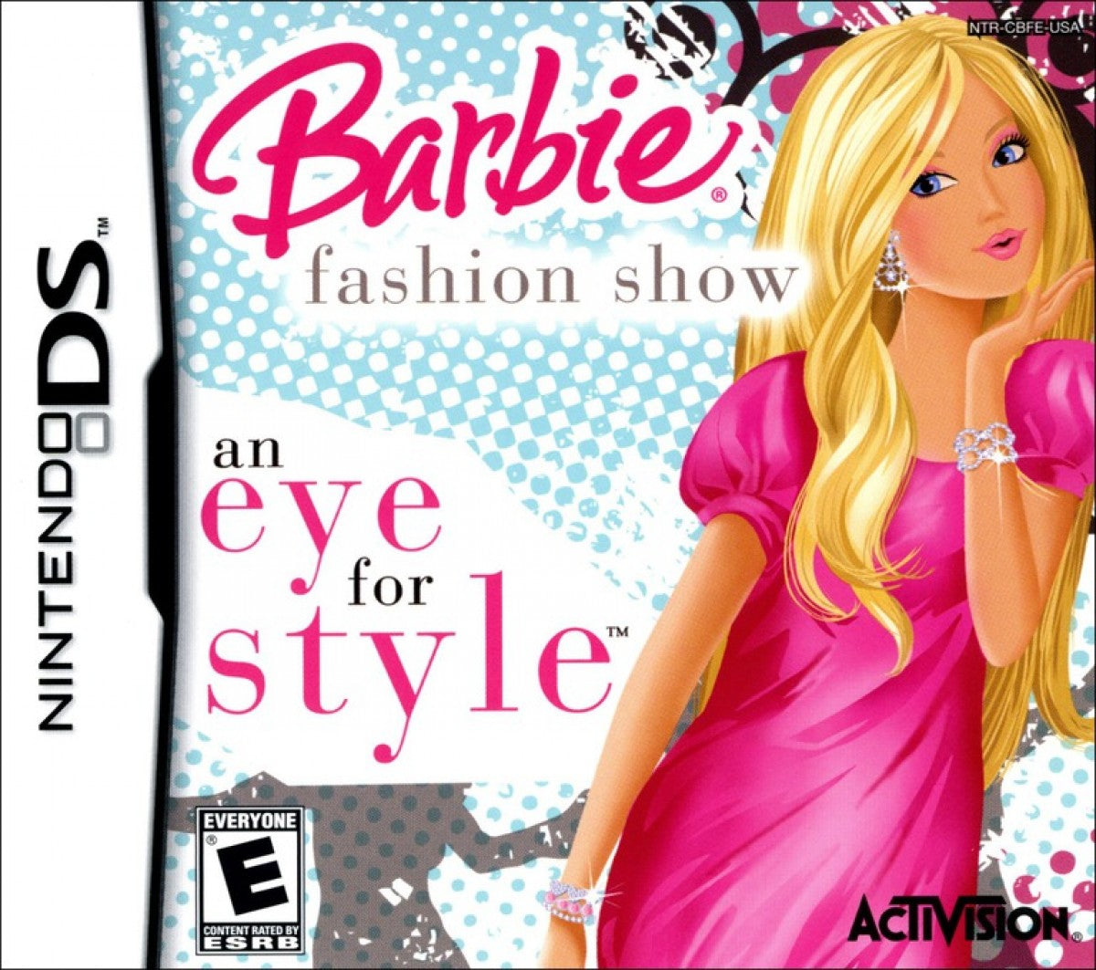 Barbie Fashion Show An Eye for Style Nintendo DS video game, fashion design gameplay, style challenges, family-friendly handheld console title front cover