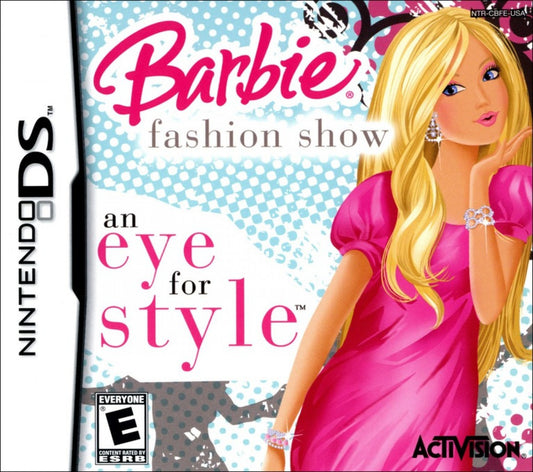 Barbie Fashion Show An Eye for Style Nintendo DS video game, fashion design gameplay, style challenges, family-friendly handheld console title front cover