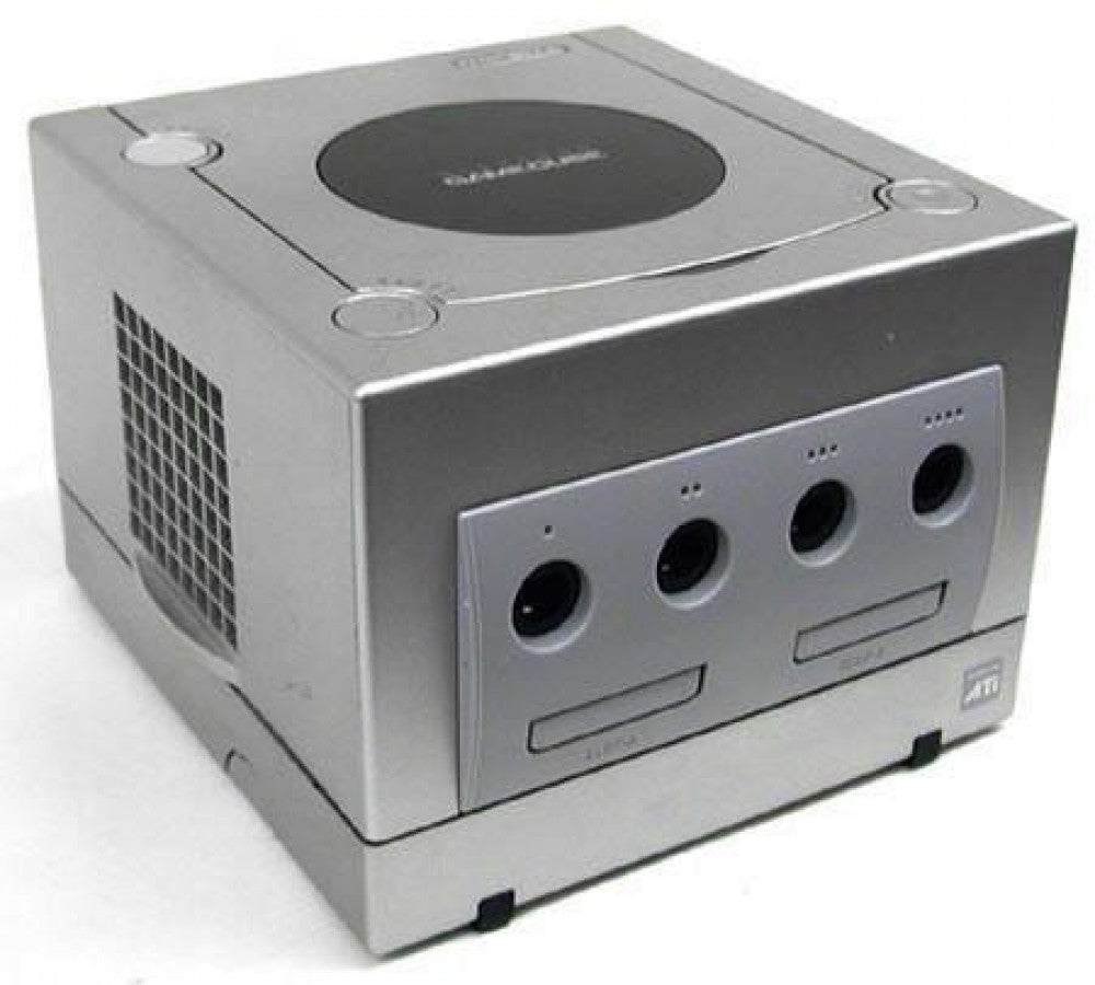 Platinum Nintendo GameCube showing front controller ports and side cooling vent on cube design.