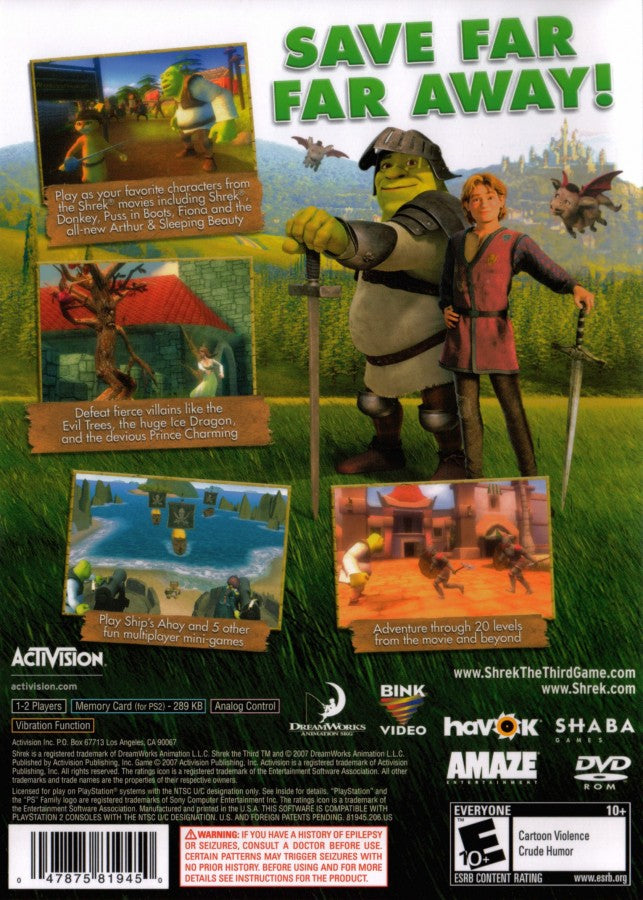 Shrek the Third – PlayStation 2 (PS2) video game back of case, action-adventure game.