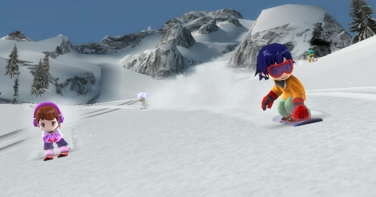 We Ski & Snowboard gameplay for Nintendo Wii (Wii) featuring motion‑controlled skiing and snowboarding on expansive mountain slopes, customizable characters, and family‑friendly freestyle and race events.