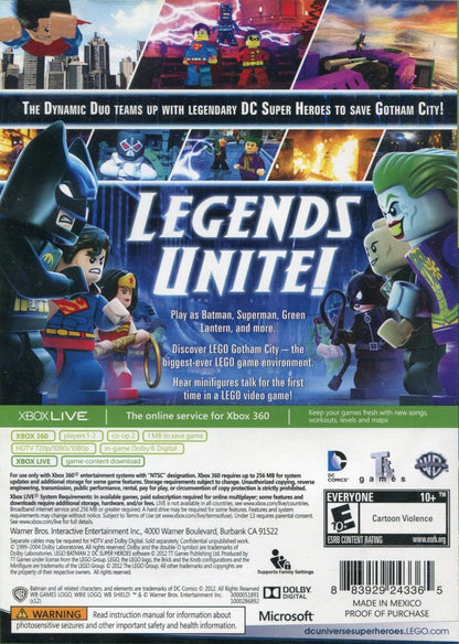LEGO Batman 2 DC Super Heroes Platinum Hits Xbox 360 open-world action-adventure video game featuring Batman Robin Superman Wonder Woman and DC villains voice acting co-op Gotham City exploration and brick-building puzzle solving back cover
