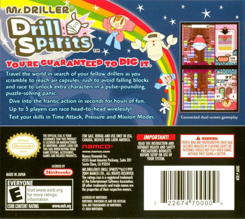 Mr Driller Drill Spirits for Nintendo DS, back of case for a puzzle arcade video game with digging gameplay, falling block mechanics, fast-paced challenges, and classic score-based action