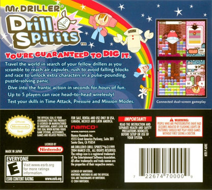 Mr Driller Drill Spirits for Nintendo DS, back of case for a puzzle arcade video game with digging gameplay, falling block mechanics, fast-paced challenges, and classic score-based action