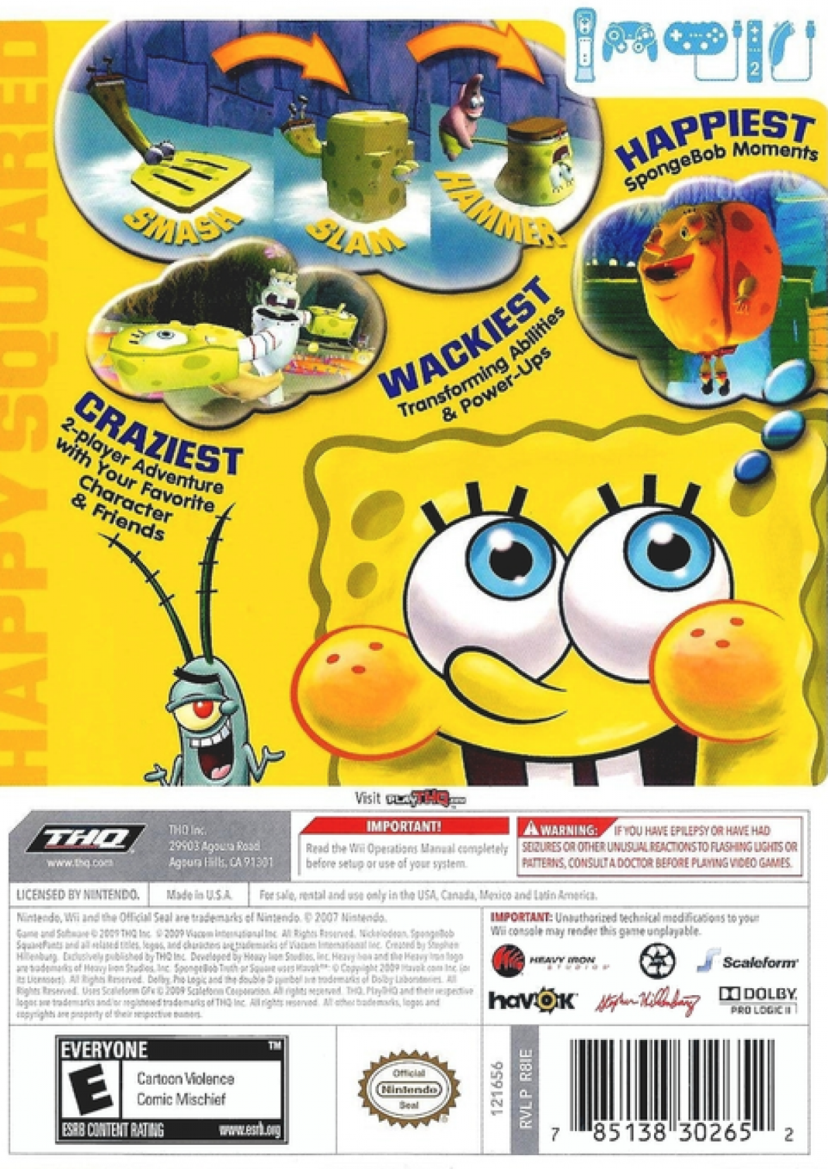 SpongeBob's Truth or Square Wii inspired design featuring cartoon platform adventure aesthetic Bikini Bottom exploration colorful underwater environments quirky humor motion controlled gameplay beloved Nickelodeon characters family friendly action nostalgic Nintendo Wii presentation back cover art