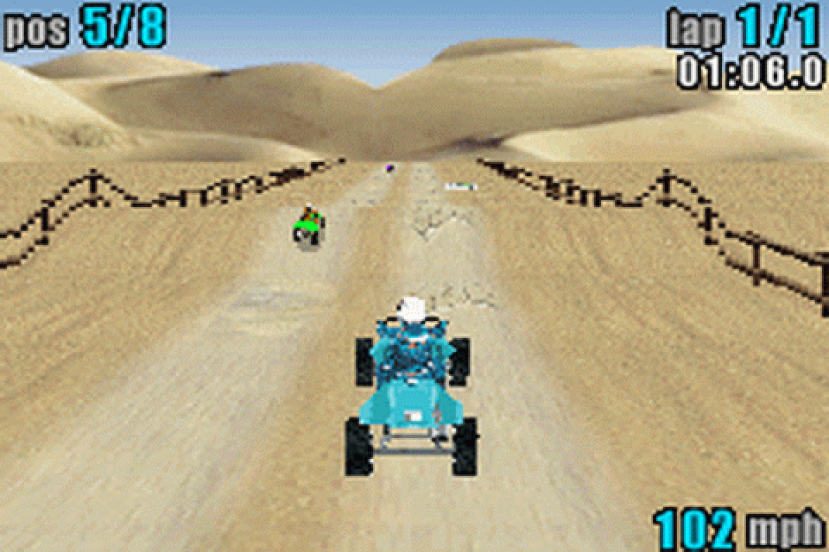 ATV Quad Power Racing for Game Boy Advance, gameplay for an off-road racing video game with quad bike gameplay, track challenges, stunt elements, and fast-paced competition