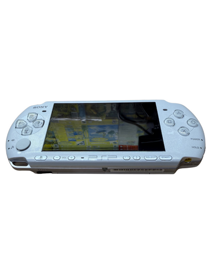 PSP 3000 Pearl White handheld console featuring slim lightweight Sony PlayStation Portable system bright LCD screen WiFi multimedia support and collectible portable gaming hardware view of screen