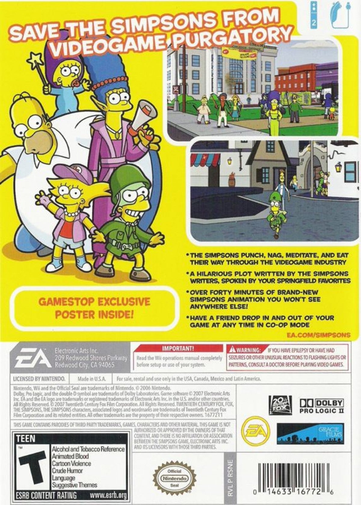 The Simpsons Game back cover art for Nintendo Wii (Wii) featuring comedic action‑adventure gameplay with Homer, Bart, Lisa, and Marge, parodying popular video games in Springfield