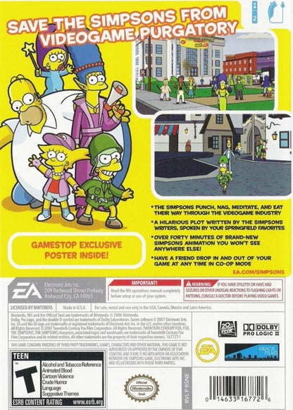 The Simpsons Game back cover art for Nintendo Wii (Wii) featuring comedic action‑adventure gameplay with Homer, Bart, Lisa, and Marge, parodying popular video games in Springfield