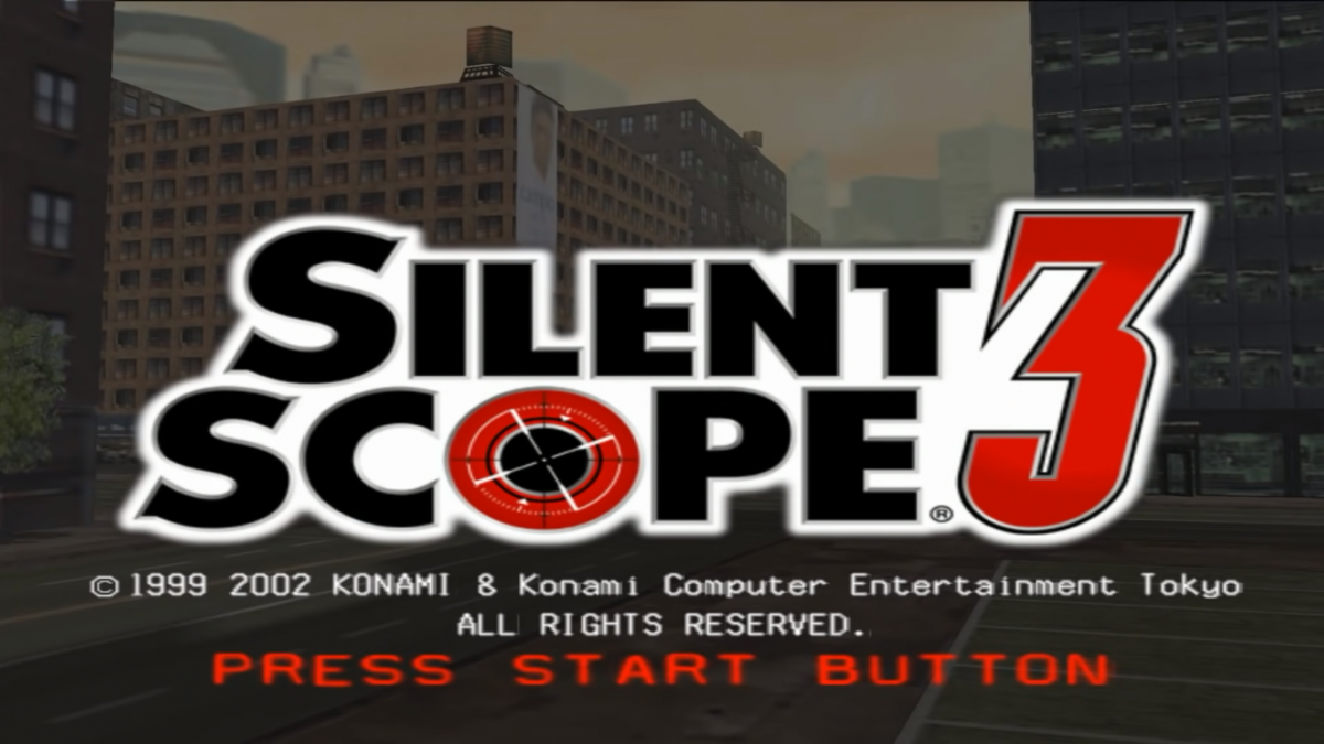 Silent Scope 3 – PlayStation 2 (PS2) video game title screen, arcade-style light-gun shooter.