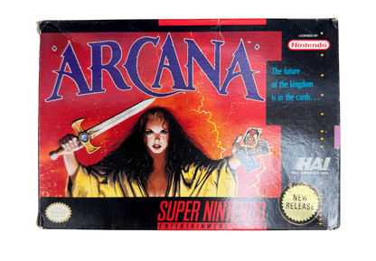 Arcana Super Nintendo SNES retro video game featuring classic fantasy RPG gameplay turn based combat dungeon exploration magic spells and strategic battles. Arcana SNES role playing adventure with collectible retro gaming appeal for Super Nintendo fans and RPG enthusiasts cover art