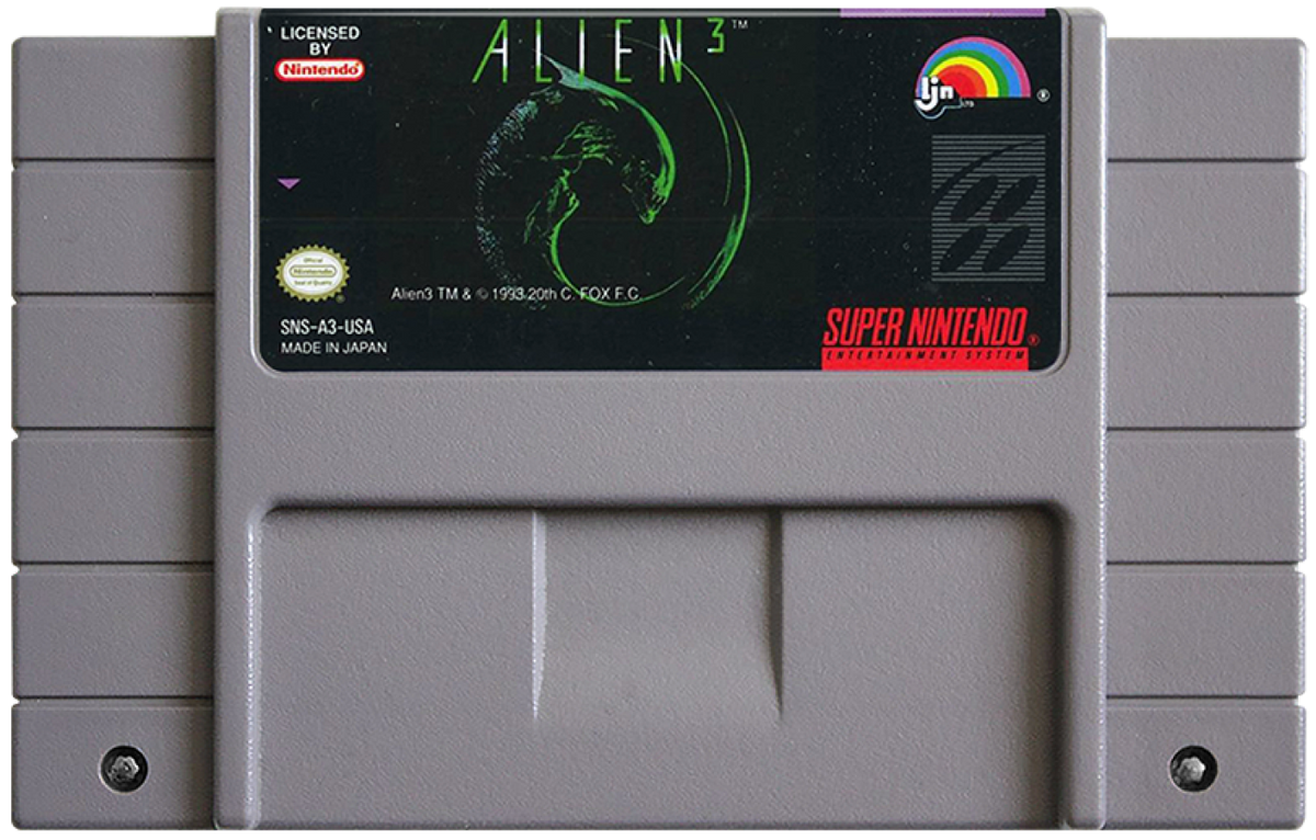 Alien 3 Super Nintendo Entertainment System SNES video game featuring sci fi action platforming gameplay Ellen Ripley character Xenomorph alien battles rescue missions prisoner survival pulse rifle combat flamethrower weapons hostile space colony environments timed challenges and classic 16 bit Nintendo action horror gameplay retro video game collection collectible gaming appeal game cartridge