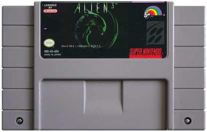 Alien 3 Super Nintendo Entertainment System SNES video game featuring sci fi action platforming gameplay Ellen Ripley character Xenomorph alien battles rescue missions prisoner survival pulse rifle combat flamethrower weapons hostile space colony environments timed challenges and classic 16 bit Nintendo action horror gameplay retro video game collection collectible gaming appeal game cartridge
