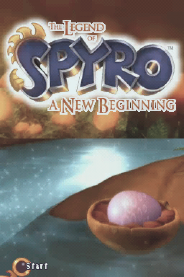 The Legend of Spyro A New Beginning for Nintendo DS (DS), title screen for a retro video game featuring action-adventure gameplay, elemental combat, fantasy exploration, character progression, and dragon-based battles