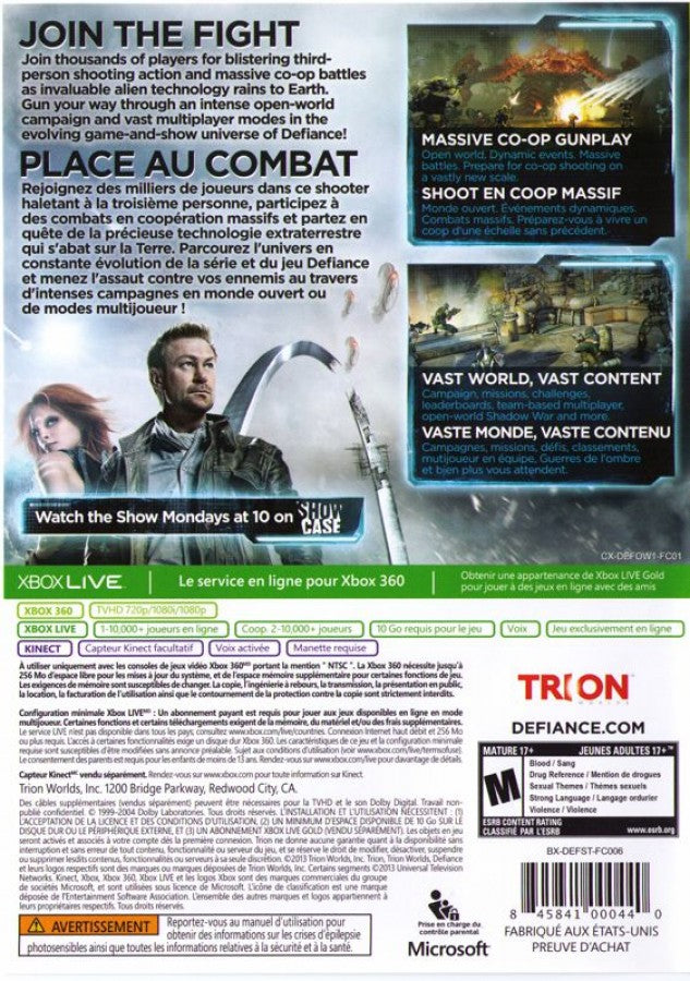 Defiance back of case for Xbox 360 (X360) sci-fi MMO shooter video game