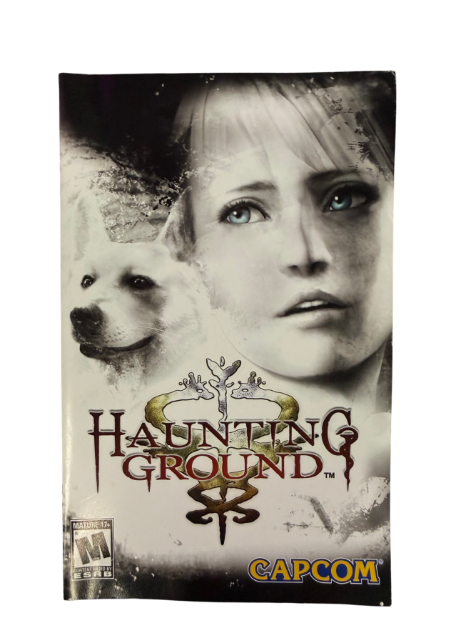 Haunting Ground PlayStation 2 PS2 for survival horror video game fans featuring psychological horror exploration stealth gameplay puzzle solving mansion environments tense enemy encounters companion dog mechanics resource management atmospheric storytelling and immersive suspenseful gameplay collectible gaming appeal manual front