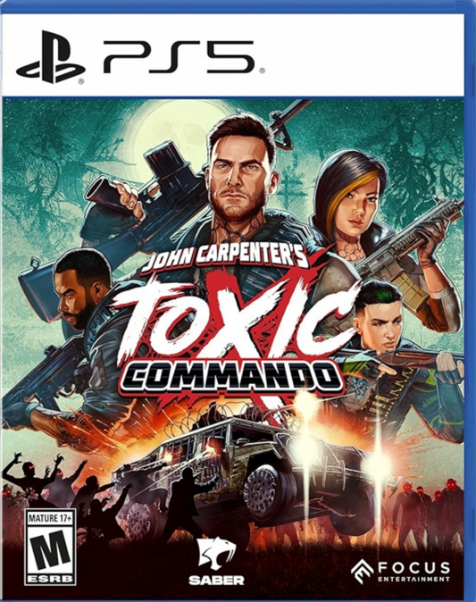 John Carpenter's Toxic Commando PlayStation 5 PS5 for first person shooter action video game fans featuring intense zombie combat explosive weapons chaotic hordes cooperative multiplayer missions fast paced gunplay over the top action and horror inspired gameplay from legendary filmmaker John Carpenter collectible gaming appeal front cover art