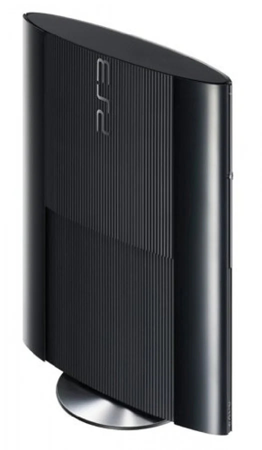 PlayStation 3 Super Slim 250GB console system featuring compact sliding disc design HDMI output online connectivity and 250GB storage includes third party controller shows scratches and scuffs from use but remains fully functional for gaming and media playback