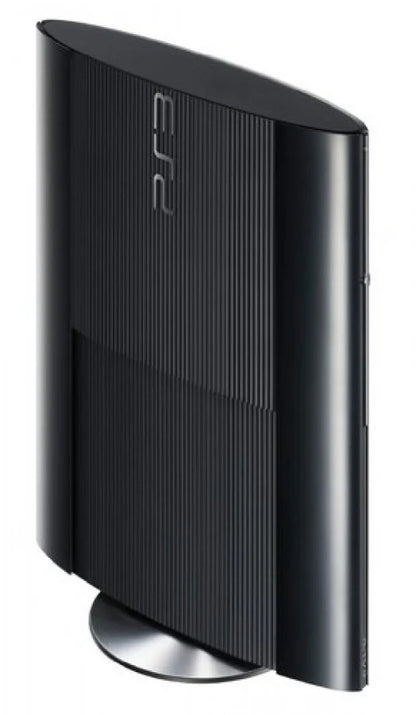 PlayStation 3 Super Slim 250GB console system featuring compact sliding disc design HDMI output online connectivity and 250GB storage includes third party controller shows scratches and scuffs from use but remains fully functional for gaming and media playback