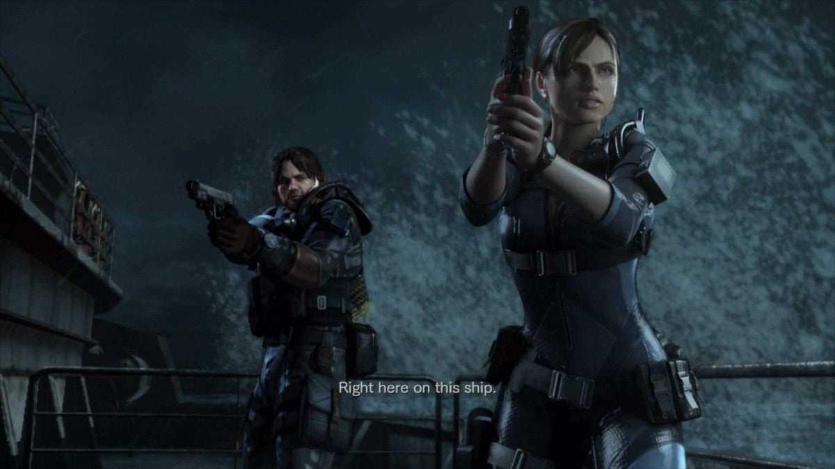 Retro Resident Evil Revelations inspired design featuring survival horror action aesthetic vintage handheld and console era atmospheric ship based outbreak tense exploration limited resources bio organic terror cinematic storytelling nostalgic Capcom horror presentation gameplay